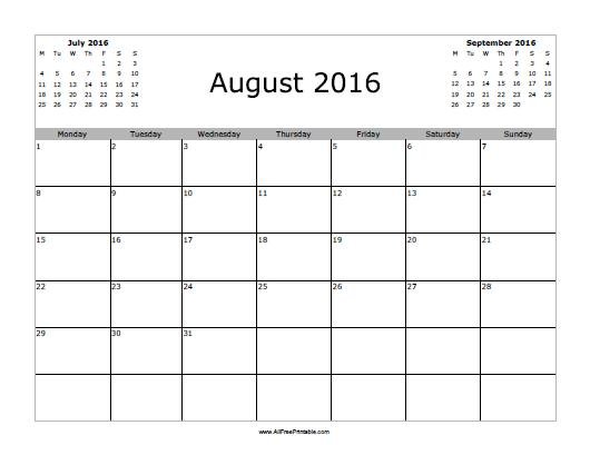 Free Printable August 2016 Calendar