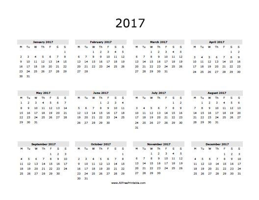 yearly calendar for 2017 printable