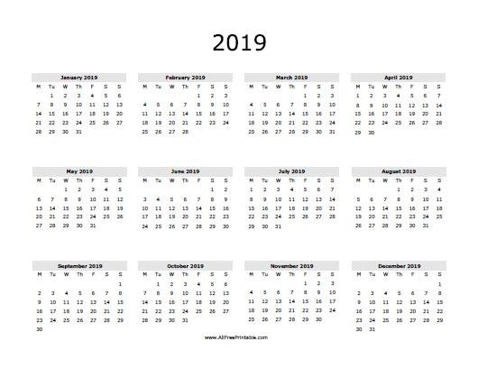 Free Printable 2019 Calendar