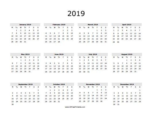 mini calendar 2019 printable