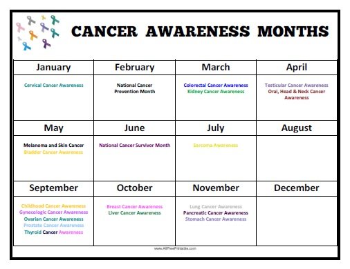 Cancer Awareness Months Calendar Free Printable Allfreeprintable Com