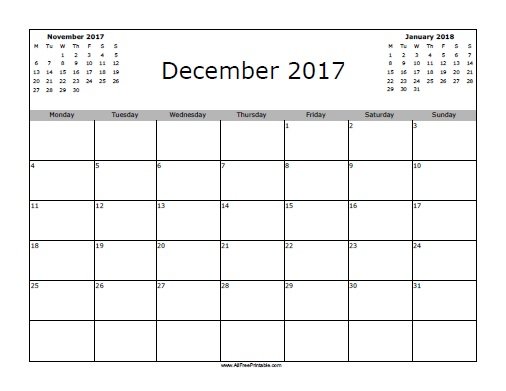 Free Printable December 2017 Calendar