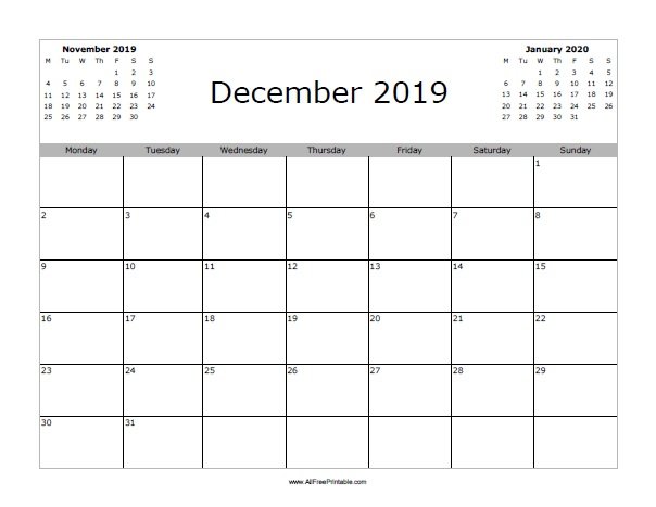 December 2019 Calendar Free Printable