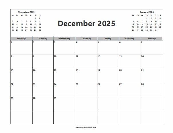 Free Printable December 2025 Calendar