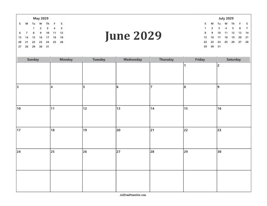 Free Printable June 2029 Calendar