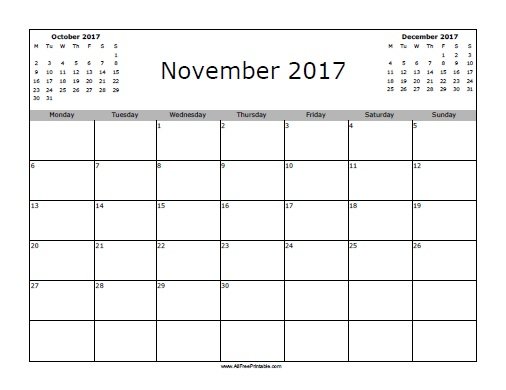 November 2017 Calendar Free Printable