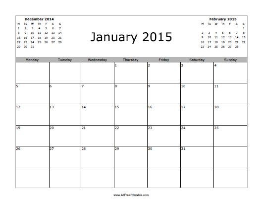 January 2015 Calendar Free Printable