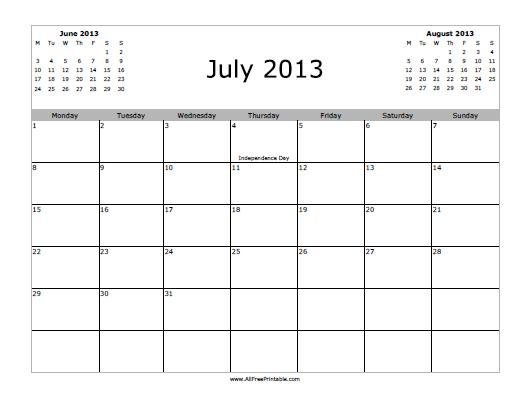 July 2013 Calendar – Free Printable