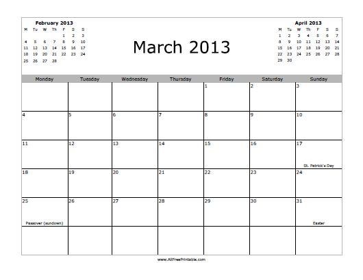 March 2013 Calendar with Holidays - as Picture