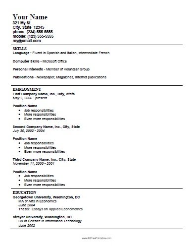 Resume Templetes Allfreeprintable Com