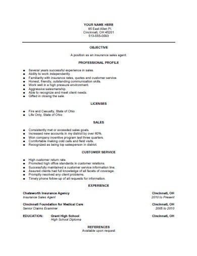 Free Printable Insurance Sales Agent Resume Template