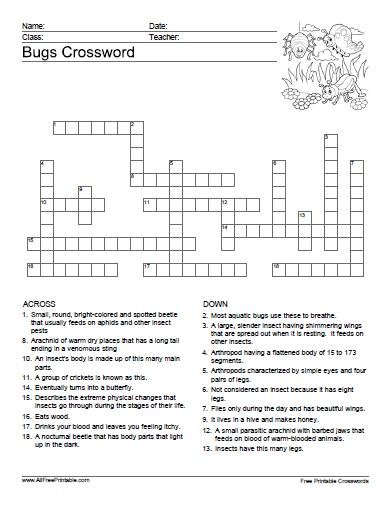 Bugs Crossword Free Printable