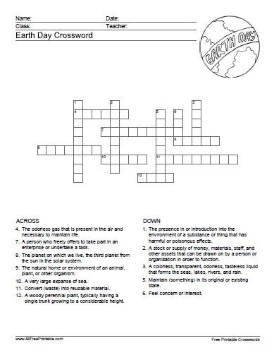 Free Printable Earth Day Crossword