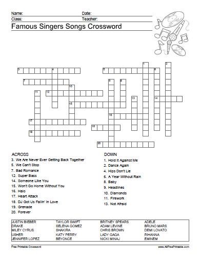 Print Famous Singers Songs Crossword Free Printable