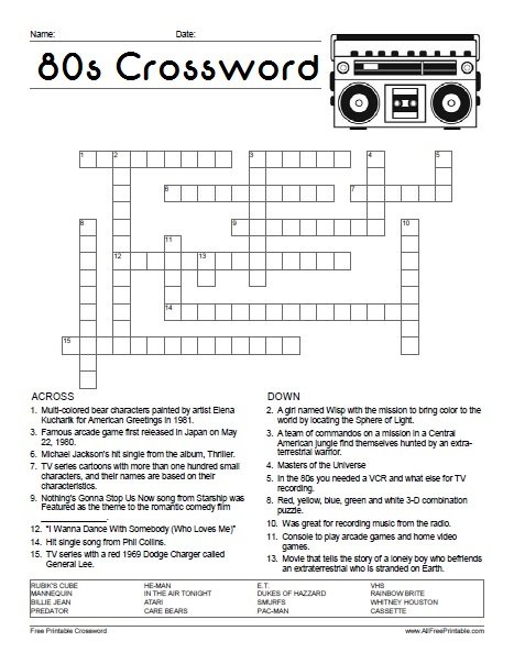 80’s Crossword Puzzle | Free Printable