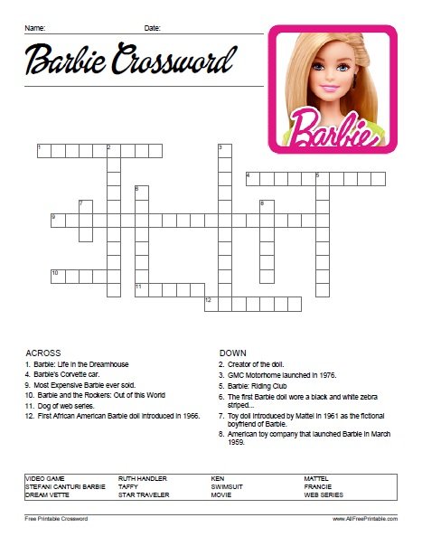 Free Printable Barbie Crossword