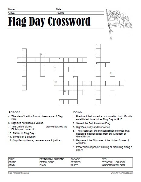 Flag Day Crossword Free Printable