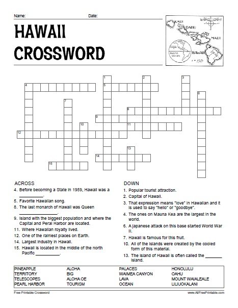 Free Printable Hawaii Crossword Puzzle