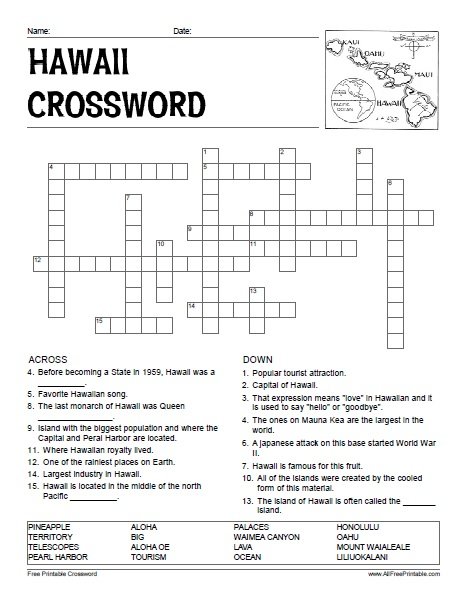 Hawaii Crossword Puzzle Free Printable