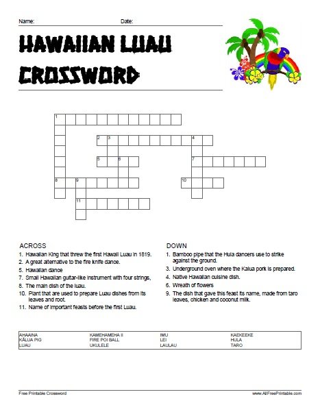 Hawaiian Luau Crossword Puzzle Free Printable