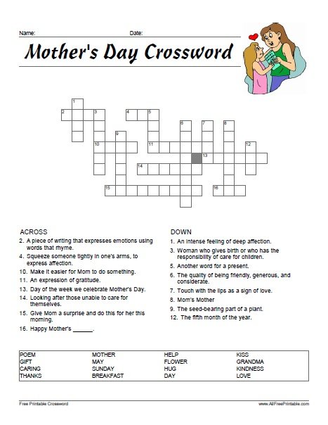 Mother s Day Crossword Puzzle Free Printable Mother s Day Crossword Puzzle Free Printable