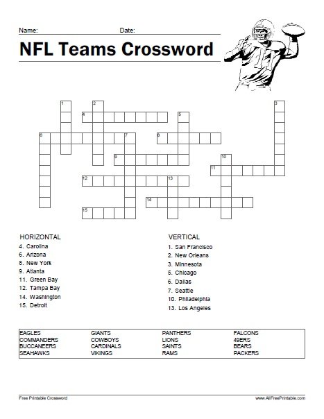 Free Printable NFL Teams Crossword