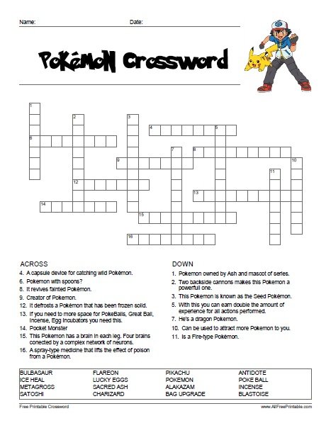 Pokemon Crossword Free Printable