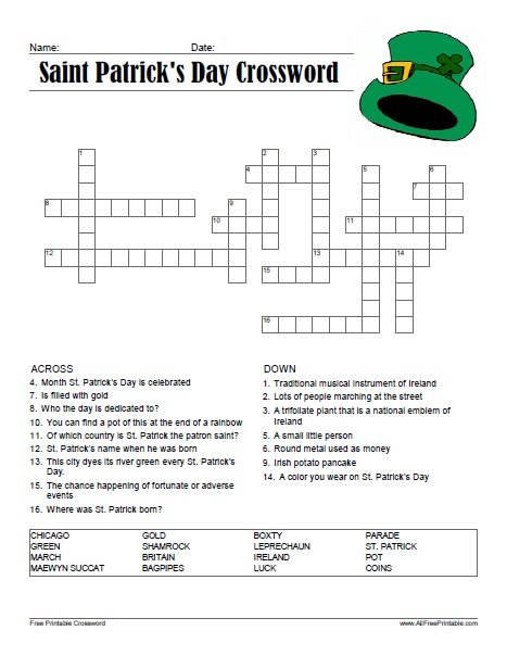 Saint Patrick s Day Crossword Puzzle Free Printable