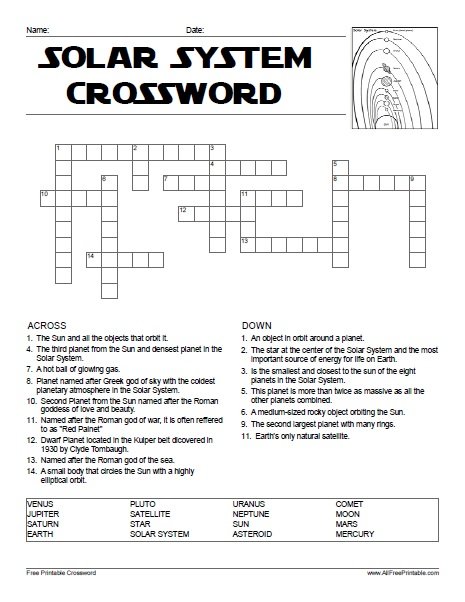 Solar System Crossword Free Printable Solar System Crossword Free Printable