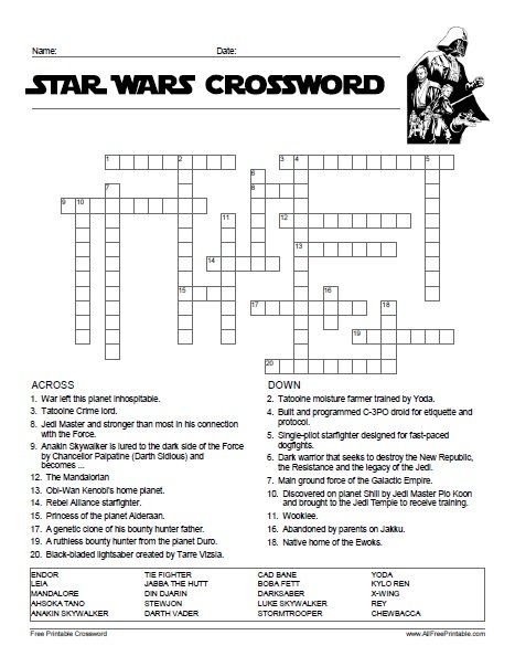 Star Wars Crossword Puzzle Free Printable