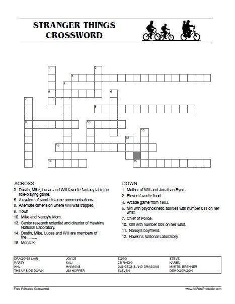Stranger Things Crossword Free Printable Stranger Things Crossword Free Printable