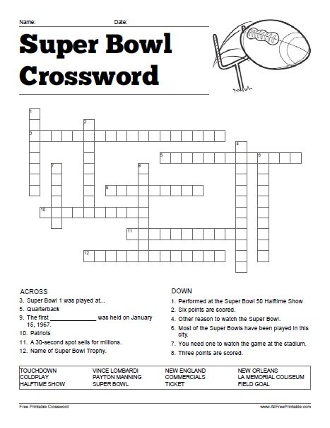Free Printable Super Bowl Crossword