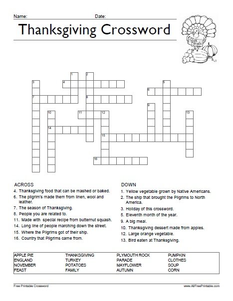 Thanksgiving Crossword Puzzle | Free Printable