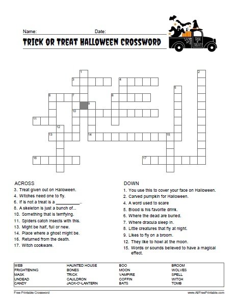 Free Printable Trick or Treat Halloween Crossword