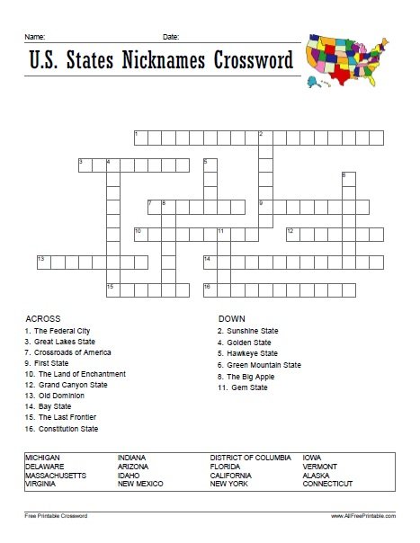 Free Printable U.S. States Nicknames Crossword