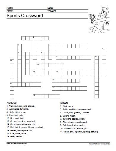 Free Printable Sports Crossword Puzzle