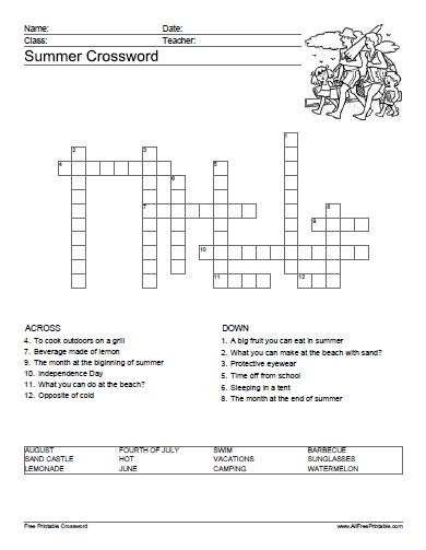 Summer Crossword Puzzle Printable Middle School