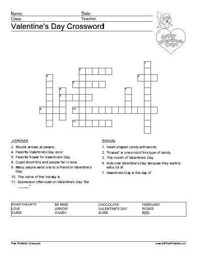 Valentine s Day Crossword Puzzle Free Printable Valentine s Day Crossword Puzzle Free Printable