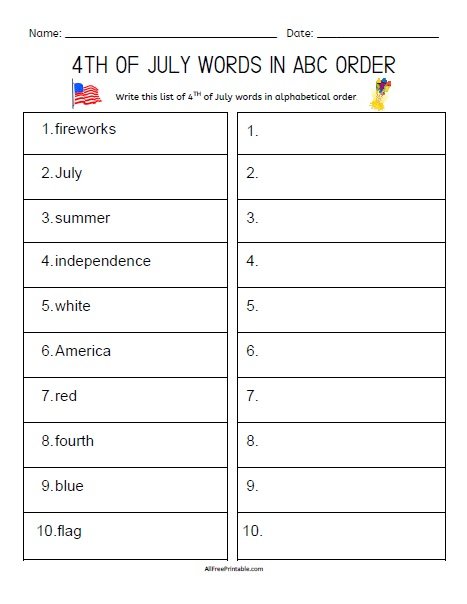 Free Printable 4th of July Words in ABC Order