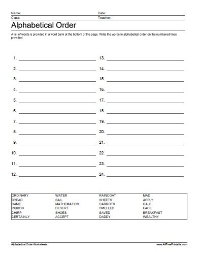 Alphabetical Order Free Printable Worksheets