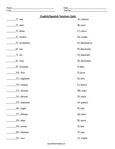 English Spanish Numbers Quiz Free Printable