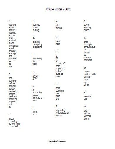 Free Printable List of Prepositions
