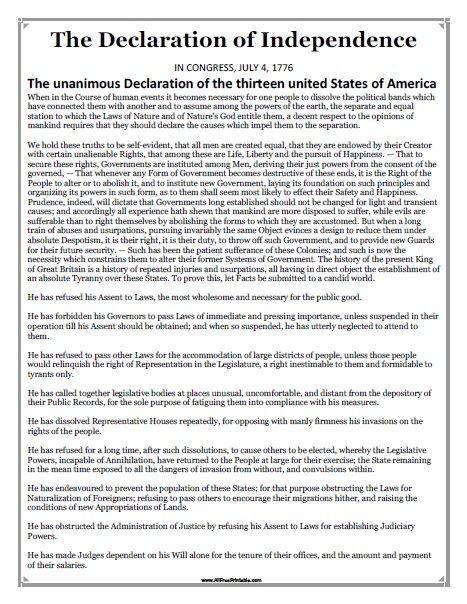 Free Printable Copy Of The Declaration Of Independence