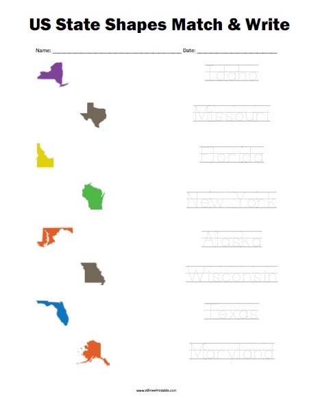 Free Printable US State Shapes Matching Worksheet