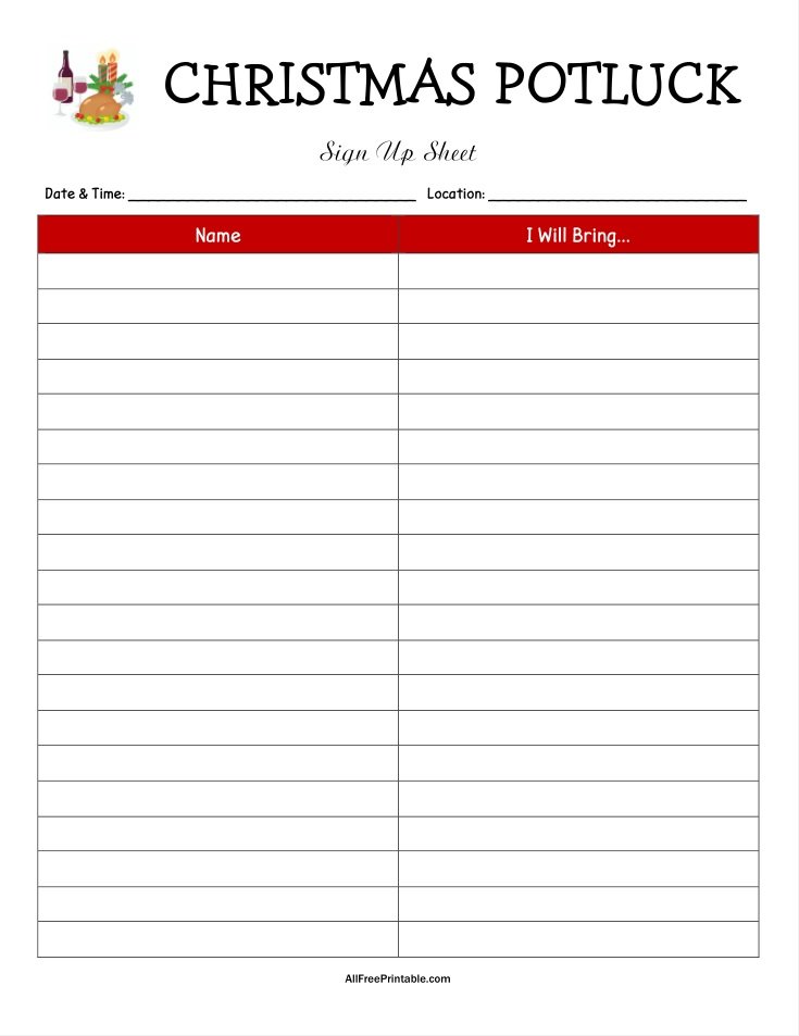 Christmas Potluck Sign Up Sheet Free Printable