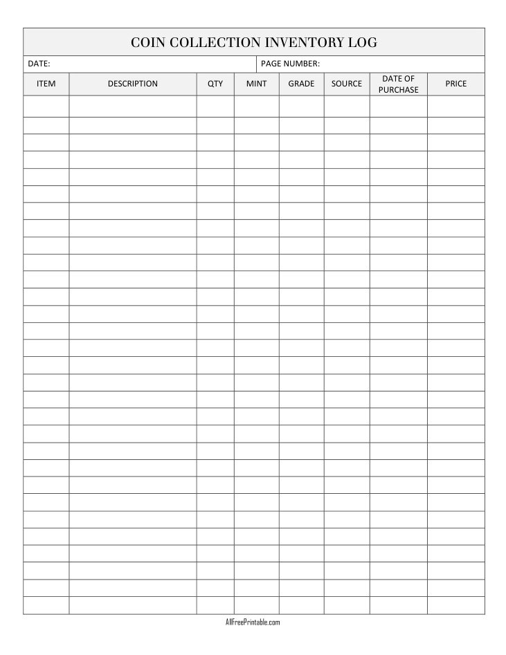 Free Printable Coin Collection Inventory Log
