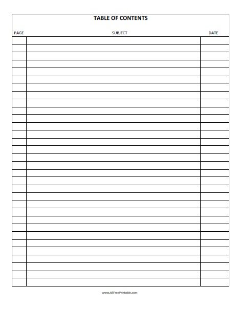 Free Printable Table Of Contents Printable Blog