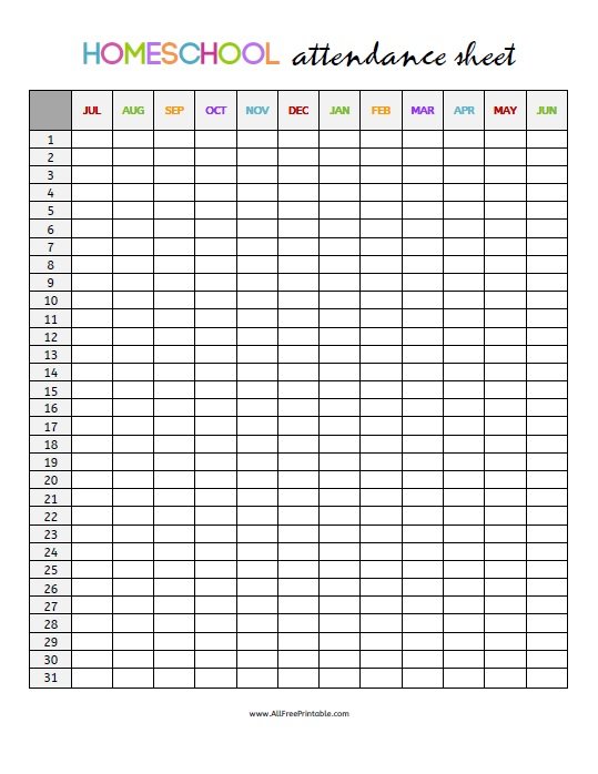 Homeschool Attendance Sheet Free Printable