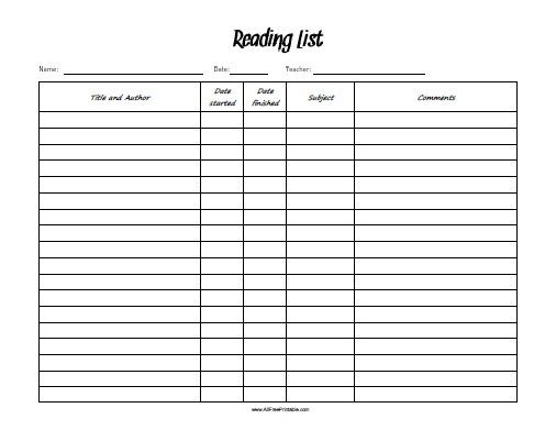 Reading List Free Printable