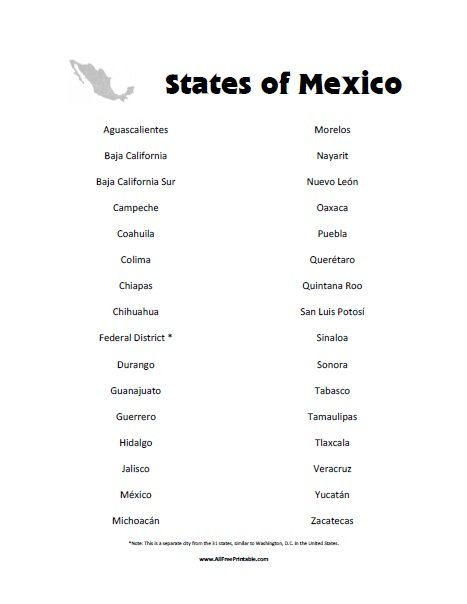 Free Printable States of Mexico List